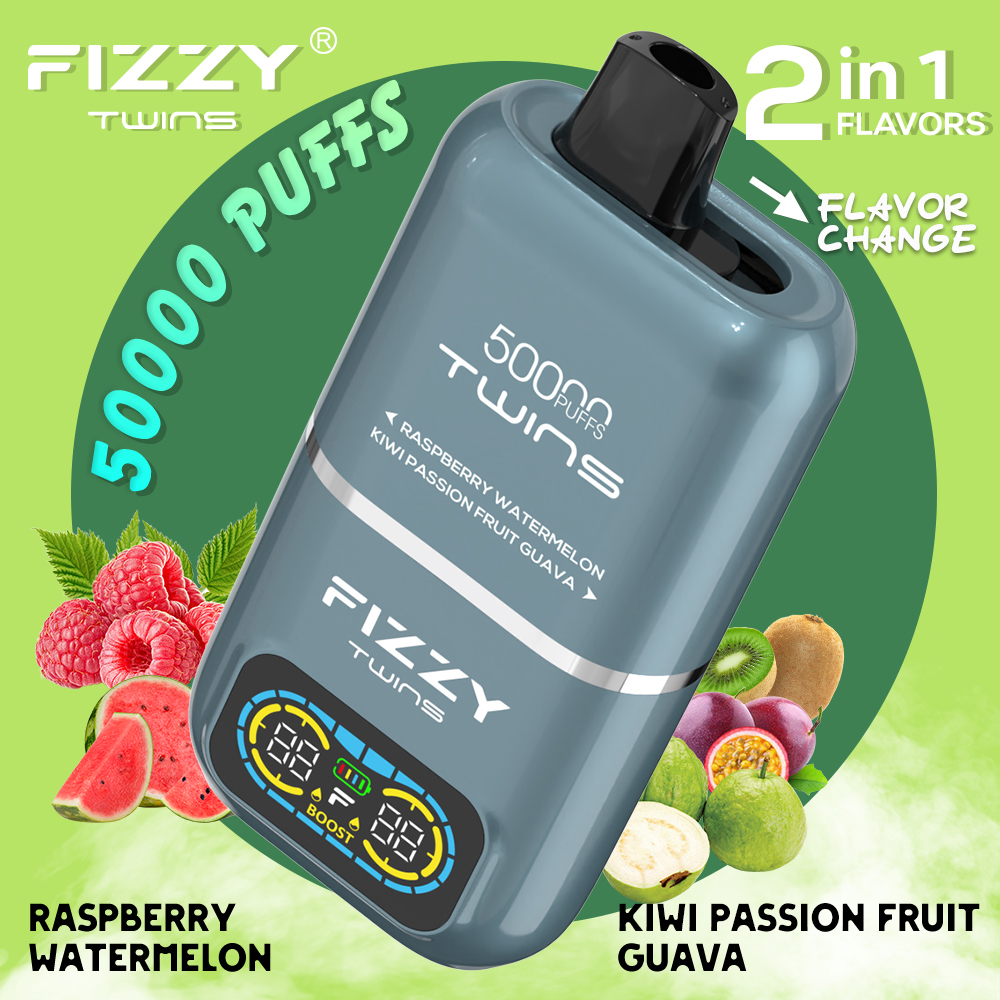 fizzyvape.net Fizzy Twins Raspberry Watermelon & Kiwi Passion Fruit Guava – 50000 Puffs – 10pcs