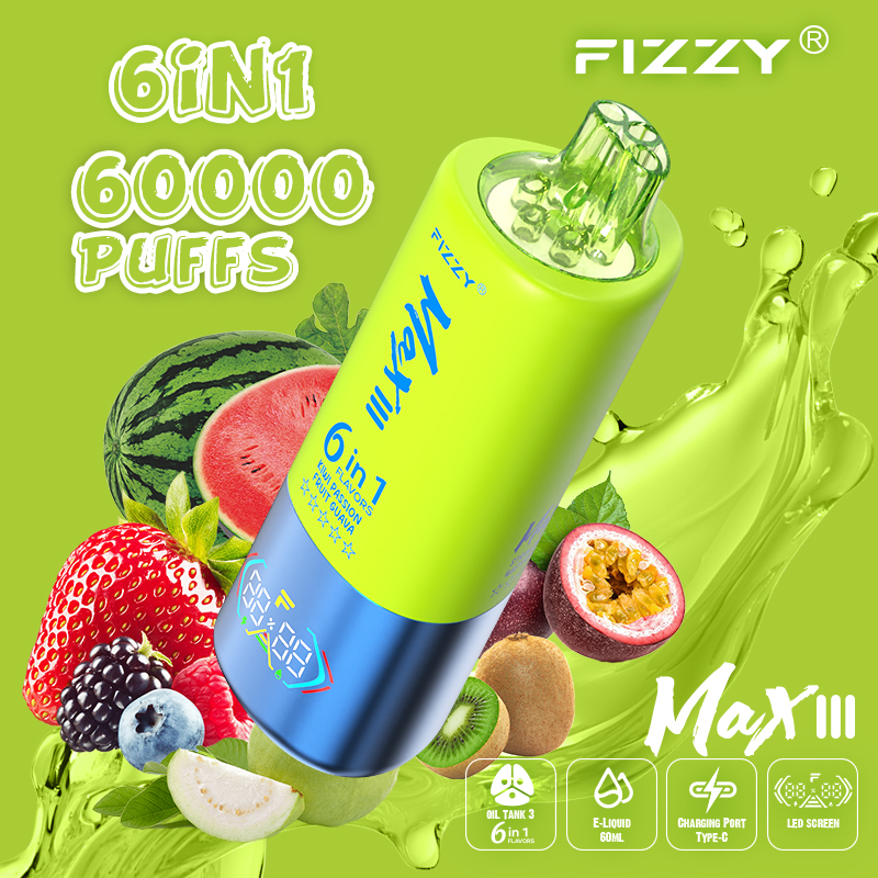 fizzyvape.net Fizzy Max III 6in1 60K 60000 Puffs Rechargeable Disposable Vape – Mixed Berry & Kiwi Passion Fruit Guava & Strawberry Watermelon – 10pcs
